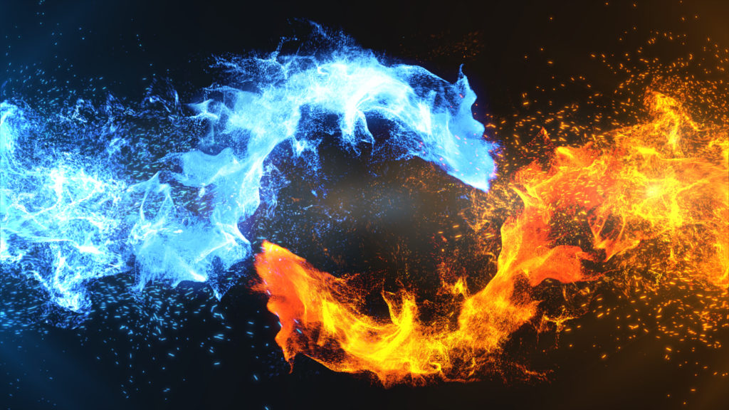Fire and Ice Concept Design with spark. 3d illustration.